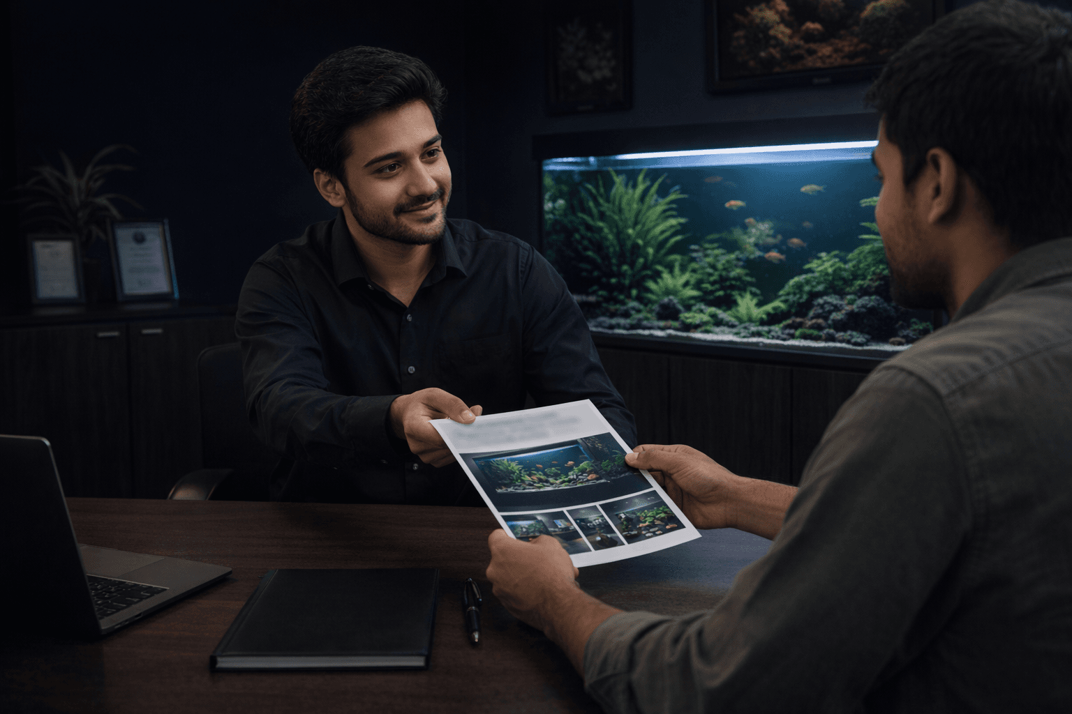 Aquarium consultant reviewing an aquarium proposal with a business client