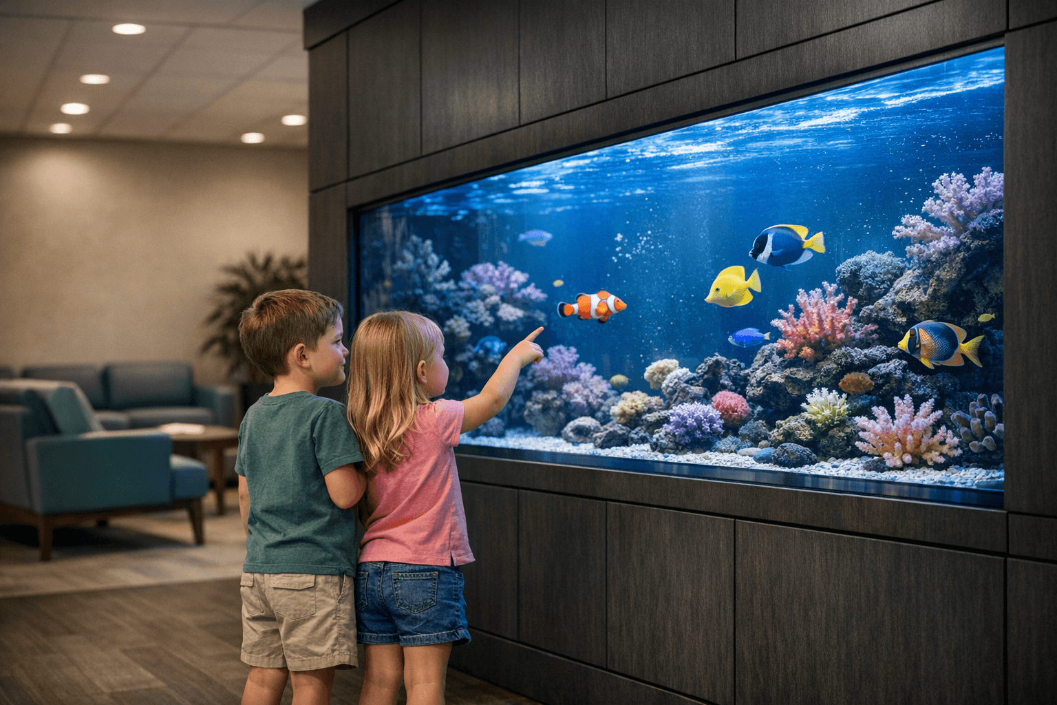 Children watching fish inside a large aquarium in a professional waiting room